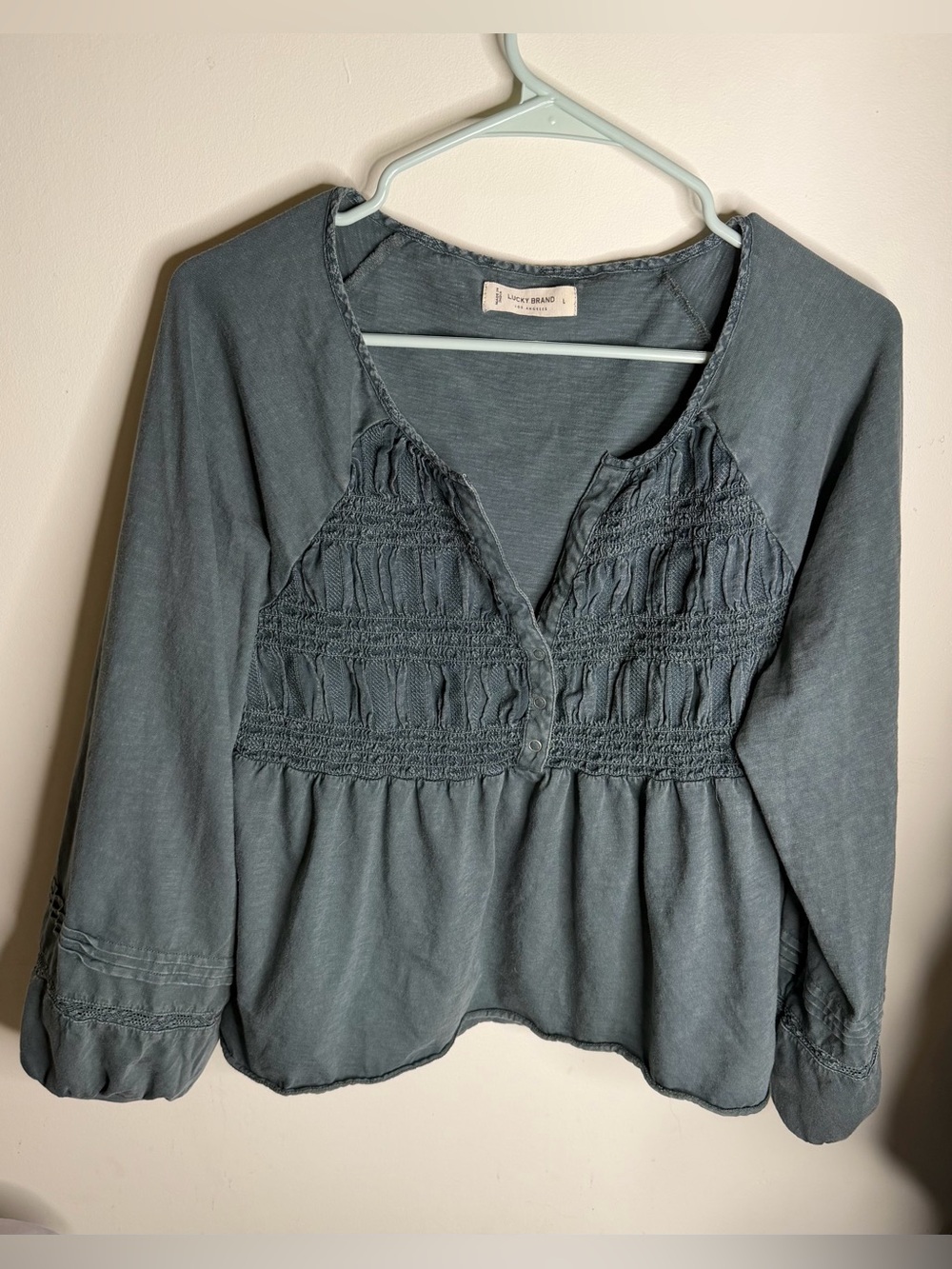 Lucky Brand Slate Blue Smocked Peasant Blouse